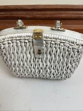 Woven White Women's Handbag - Structured Top-Handle Purse